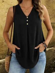 Linavere Áo tank top nữ thời trang thường ngày dáng rộng không tay cổ chữ V - Thiết kế cúc giả - Phong cách tối giản thanh lịch, phù hợp cho đi làm và mặc hàng ngày - Áo đen nữ - màu đen - Xem 4