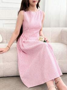 SHEIN Đầm xếp ly eo thon cổ tròn kẻ sọc dành cho thiếu nữ, thích hợp cho tiệc tùng và đi chơi. - Hồng - Xem 2