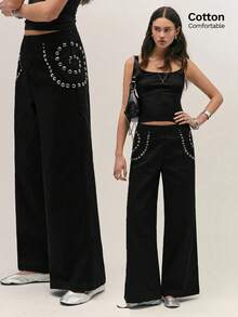 Easelle 女士休闲时尚街头朋克摇滚风铆钉装饰宽松阔腿裤 - 黑色 - 查看 6