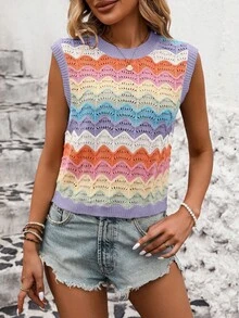 SHEIN LUNE Áo vest dệt kim dáng suông kẻ sọc khoét lỗ dành cho nữ, thích hợp cho kỳ nghỉ. - Màu tím hoa cà - Xem 4