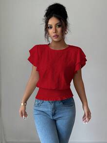 Selianne Áo thun nữ cổ tròn, kiểu dáng thường ngày, đa năng. - Đỏ - Xem 7