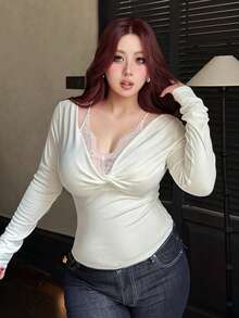 Dazy Plus Plus Size Tight-Fitting Solid Color Contrast Lace Cropped Long Sleeve Versatile T-Shirt Summer - White - View 9