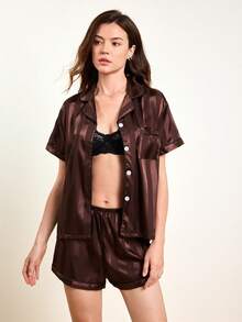 Hourtrue 2 件缎纹条纹睡衣套装，长袖领扣衬衫和蝴蝶结长裤，睡衣家居服套装，适合家居使用，秋冬 - 巧克力棕 - 查看 6