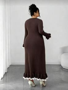 Elenzga Vestido de punto con bloque de color, volantes y elegante para talla grande - Café integral - Ver 2