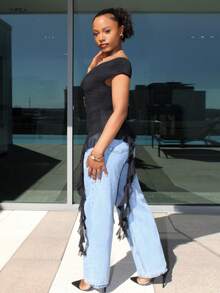 Steph T 女士休闲街头风音乐节露肩网纱荷叶边不对称下摆无肩带上衣，情人节 - 黑色 - 查看 4