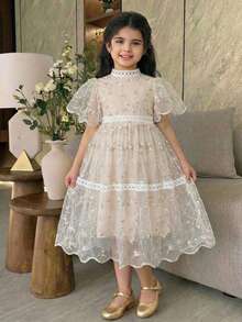 Young Girl Elegant Floral Print Mesh Short Sleeve Dress - Apricot - View 1