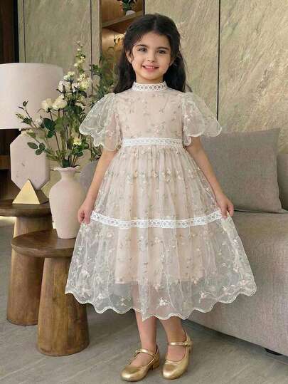 Đầm ngắn tay bằng vải lưới in hoa thanh lịch dành cho bé gái