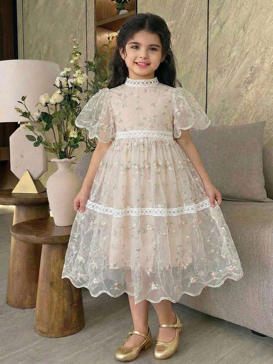 Young Girl Elegant Floral Print Mesh Short Sleeve Dress - Apricot - View 1