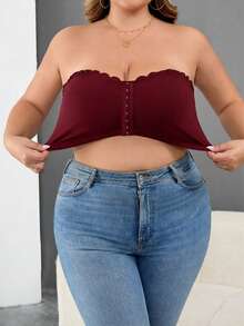 SHEIN CURVE+ 大码女装/秋季服装/女士秋季服装/女士冬季服装/大码女士前扣露脐上衣，性感修身吊带背心，女士秋季服装，冬季，大码 - 酒紅色 - 查看 9