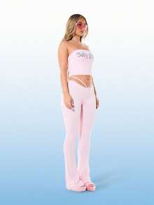 BABYPHAT 女士高腰喇叭紧身裤，腰部饰有绑带，并印有天使翅膀图案，粉色弹力针织面料 - 粉色 - 查看 5
