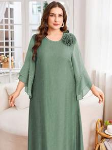 Lacomfia Plus Size Women Solid Color Chiffon Patchwork Modest Casual Dress Fall - Mint Green - View 1