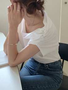 DAZY Solid Asymmetrical Neck Batwing Sleeve Tee,Crop Tops Women - White - View 2