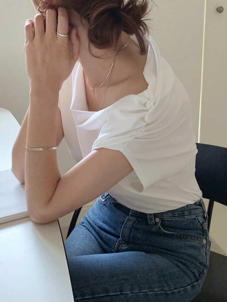 Tall Women's Oblique Shoulder Pleated Short Sleeve Pullover Elegant Casual T-Shirt Summer