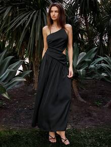 Maija Women's Black Summer Seksi Chic Vacation Holiday Maxi Dress,Elegant Cutout Waist One Shoulder Asymmetrical Gowns,A-Line Formal Wedding Party Dress - Black - View 4