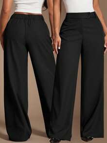 Radiana 女士时尚简约现代高腰黑色直筒裤，黑色西装裤，高腰裤，宽松休闲裤，阔腿裤，休闲商务女装，优雅复古风服饰，都市舒适简约穿搭，适合日常出行、办公室、商务、通勤、正式场合 - 黑色 - 查看 6