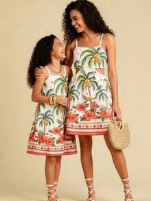 Young Girl Palm Tree Print Cutout Waist Cami Dress - Multicolor - View 4