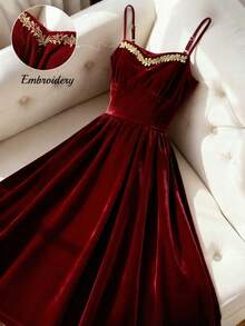 Franclia 春秋新款优雅刺绣吊带裙，收腰A字丝绒连衣裙，女士款 - 紅色 - 查看 1