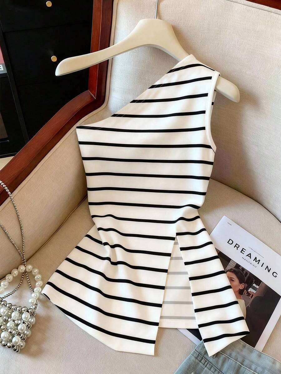 Franclia Áo hai dây nữ thanh lịch, kẻ sọc, xẻ vai bất đối xứng, thích hợp cho kỳ nghỉ. - Đen và trắng - Xem 1