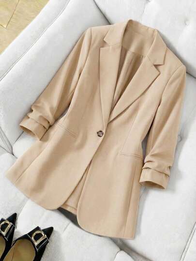 Saco Blazer Mujer Elegante Clásico un Botón Carey Solapa Manga Tres cuartos Otoño Invierno Oficina Casual Saco elegante para mujer, diseño con solapa clásica, botón decorativo, corte clásico, blazer formal casual, eventos, atuendo profesional, para el trabajo o eventos especiales