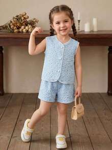 女童提花背心和短裤套装 - 藍色 - 查看 9