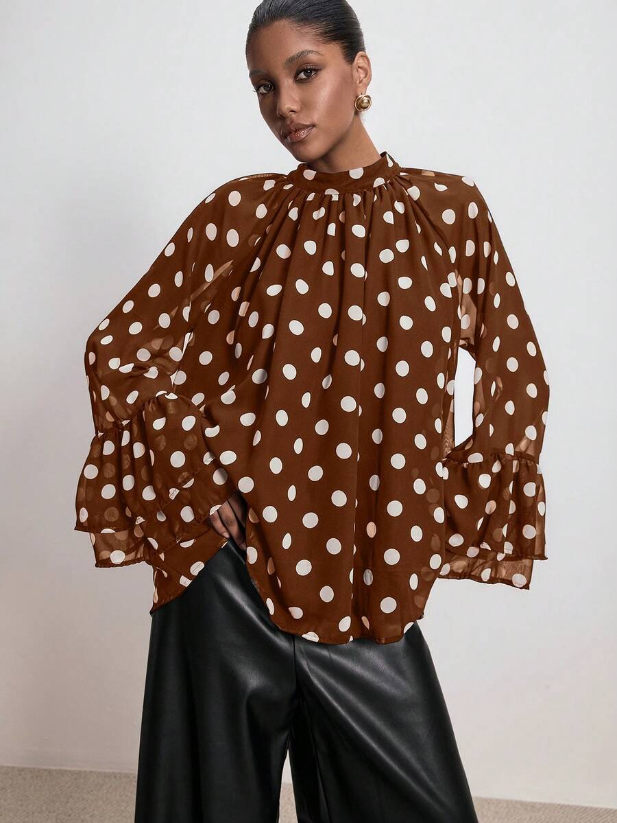 ATUI Studio Women's Brown Polka Dot Long Sleeve Blouse With Wide Ruffled Sleeves & Lace - Elegant Vintage Embroidered Top For Autumn Winter - Brown - View 1