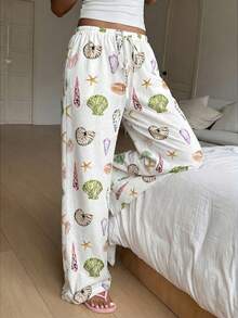 Aloruh 女士春夏休闲新款海星、贝壳印花低腰宽松亚麻抽绳阔腿裤，适合海滩度假 - 彩色 - 查看 6