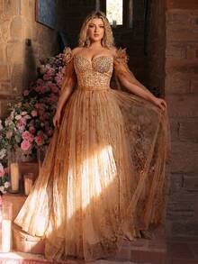 Glamrae Đầm dạ hội cỡ lớn, thanh lịch, lãng mạn màu vàng, hở vai, đính pha lê sang trọng, eo thon, chất liệu lưới xuyên thấu in họa tiết xương cá, dáng chữ A, thích hợp cho đám cưới, tiệc tùng, kỳ nghỉ, du lịch (Thiết kế tinh xảo) - Màu vàng - Xem 5