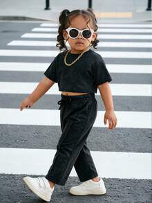 Bubblio 女婴炭灰色套头T恤和打底裤两件套，休闲日常百搭套装 - 黑色 - 查看 1