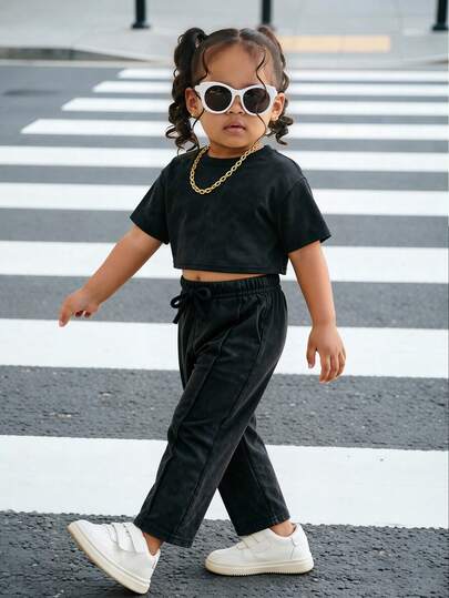 Bubblio 女婴炭灰色套头T恤和打底裤两件套，休闲日常百搭套装