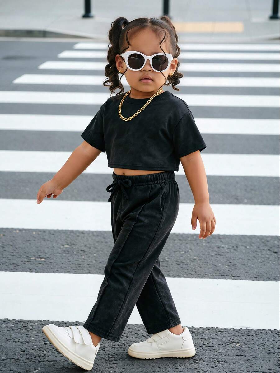 Bubblio 女婴炭灰色套头T恤和打底裤两件套，休闲日常百搭套装 - 黑色 - 查看 1