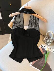 GlowEve CURVE Plus Size Lace Halter Neck Camisole, Ribbed Button Front Design, Slimming Fit, Sleeveless Black Top, Suitable For Daily Wear/Party/Vacation - Black - View 2
