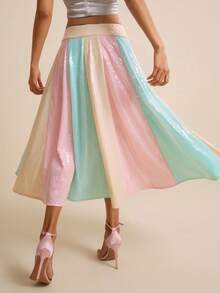 LOTSLUV Women's Spring/Summer Pink, Green And Khaki Sequin Fabric Patchwork Skirt - Multicolor - View 2