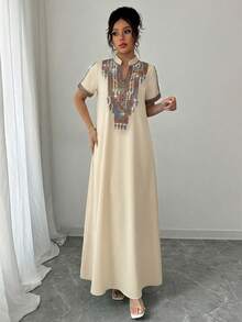 Rafferiza Contrast Color Embroidered Jewel Collar Loose Long Dress For Women - Apricot - View 7