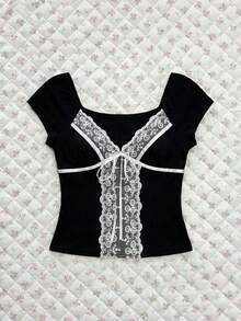 Sweetra Women's Black Vintage Sexy Lace Patchwork Bow Decor Comfortable Versatile Camisole Top T-Shirt, Spring/Summer - Black - View 4
