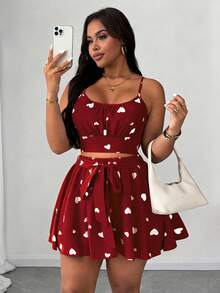 SHEIN Unity Set da due pezzi da donna taglie forti, elegante, con stampa a cuore, canotta con schiena scoperta e vita annodata, gonna a-line a farfalla midi, adatto per spiaggia, festa, festival musicale, primavera/estate, versatile - Multicolore - Visualizzare 4
