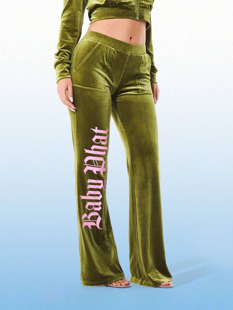 BABYPHAT Women's Olive Green Velvet Jogger Sweatpants With Gothic Pink Letter Print Side Pockets Flare Leg Style Casual Loungewear Comfort Pants