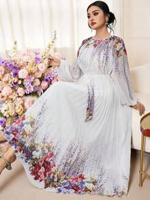 Modelyn Robe plissée à imprimé floral élégante pour grande taille, idéale pour le travail - Parme - Voir 6