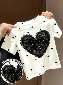 SHEIN Cute Ballerina Mini Bow Print Black Elegant Chic Bow Print Pattern T-Shirt, Suitable For Summer Casual Outings, Young Girl Graphic Tee - Multicolor - View 1