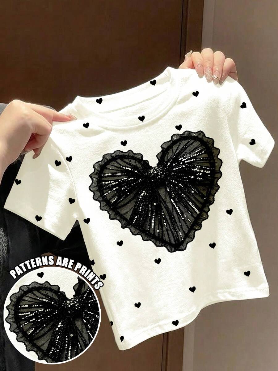 SHEIN Cute Ballerina Mini Bow Print Black Elegant Chic Bow Print Pattern T-Shirt, Suitable For Summer Casual Outings, Young Girl Graphic Tee - Multicolor - View 1