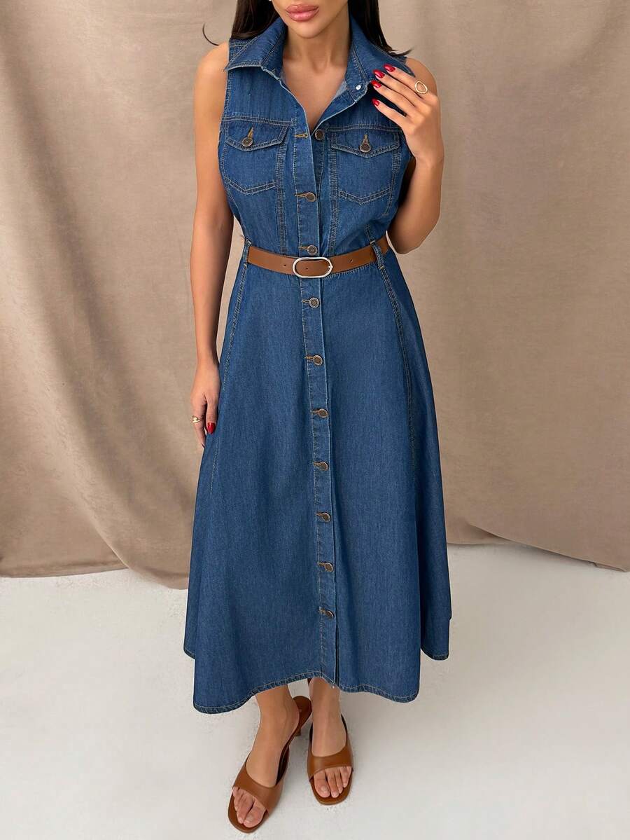 SHEIN Sleeveless, Collared Button, A-Line, Raw Wash S Denim Midi Dress With Belt - Dark Wash - View 1