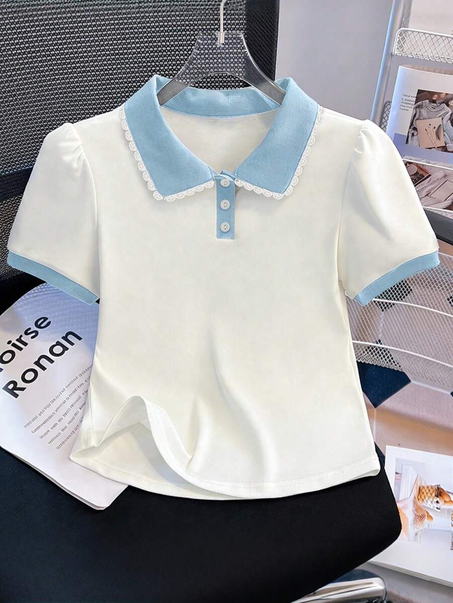 Resyla Áo thun nữ tay ngắn cổ polo phối màu tương phản họa tiết hoa - trắng - Xem 1