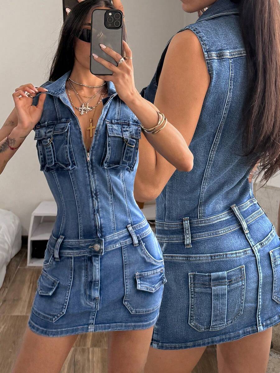 StreetHx Vestido de mezclilla ajustado con cremallera y lavado de calle para mujer - Azul - Ver 1