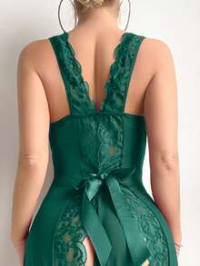 Snug Zone Conjunto de 2 piezas de camisón sexy con espalda descubierta, lazo y tanga con adorno de encaje y malla - Verde - Ver 5