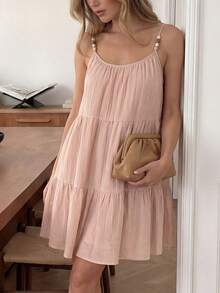 Easowa Layered Ruffle Hem A-Line Umbrella Dress, Spaghetti Strap Casual Ruched Chiffon Fabric Dress, Elegant Commuter & Vacation Wear For Women, Spring/Summer Women Clothing Dress Loli Dress Low Price Dress New In Dresses High Quality Dress - Pink - View 4