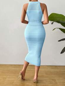 SHEIN Clasi Women's Formal Sleeveless Casual Minimalist Textured Perforated Pleated Sweater Dress Ribbed Long Knit Dress Bodycon Dress Spring&Summer Elegant Blue Dress - Blue - View 2