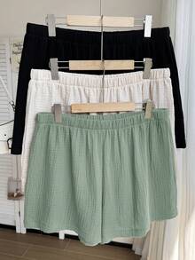 Comfortcana 3pcs/Set Plus Size Solid Color Linen Comfortable Casual Shorts, Suitable For Spring And Summer - Multicolor - View 5