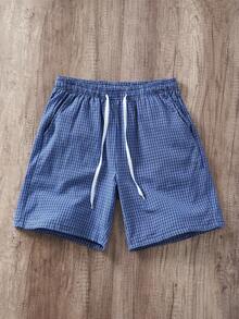 Manfinity Joysei Men's Casual Plaid Drawstring Waist Shorts, Summer Daily Wear - Blue - View 1