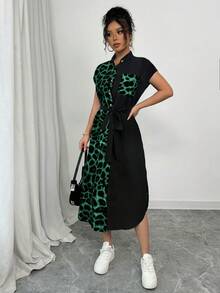 Selianne Áo sơ mi nữ phong cách thường ngày thanh lịch công sở, du lịch nghỉ dưỡng, phong cách quý tộc cổ điển, họa tiết da báo, cài cúc phía trước, thắt lưng nơ, túi hai bên, xẻ tà, chất liệu tương phản, thích hợp mặc đi làm hoặc ở nhà, mẫu đầm dài tay ngắn mới mùa hè 2025. - màu xanh lá - Xem 7