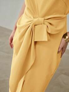 MOTF PREMIUM PLUS SIZE WOMEN'S FRONT KNOT SPLIT DRESS - Yellow - View 2
