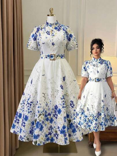 Rometta 女士优雅印花长袖连衣裙，腰部饰有金属扣，适合春秋季穿着。